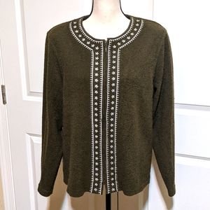 Vtg embroidered sweater green Cathy Daniels zip up shoulder pads large